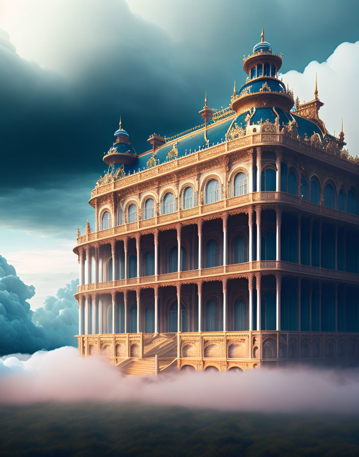 Fantasy architecture: Ornate palace with domes and arches in cloudy sky