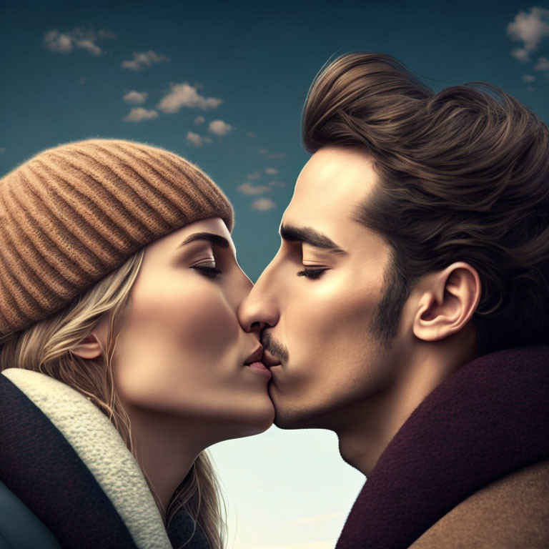 Stylized characters kissing under cloudy sky, man in coat, woman in beanie