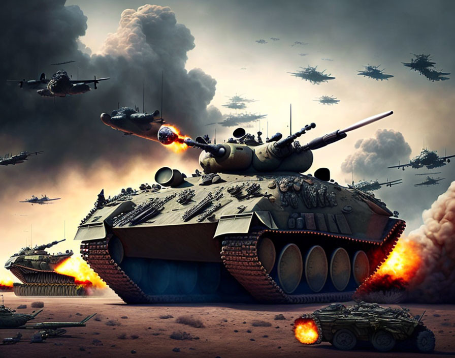 Chaotic battlefield with tanks, planes, explosions, and dark skies