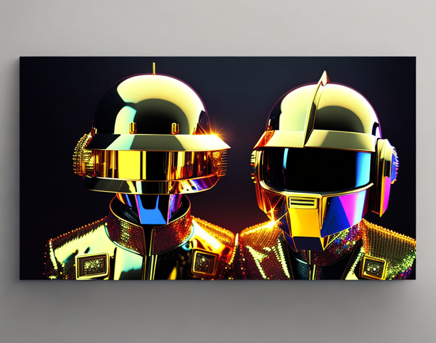 Futuristic helmets with reflective visors and gold accents on dark background