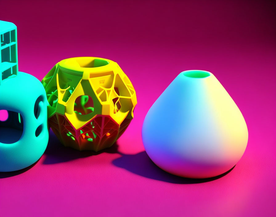 Vibrant 3D-Printed Objects on Pink Surface with Neon Lighting