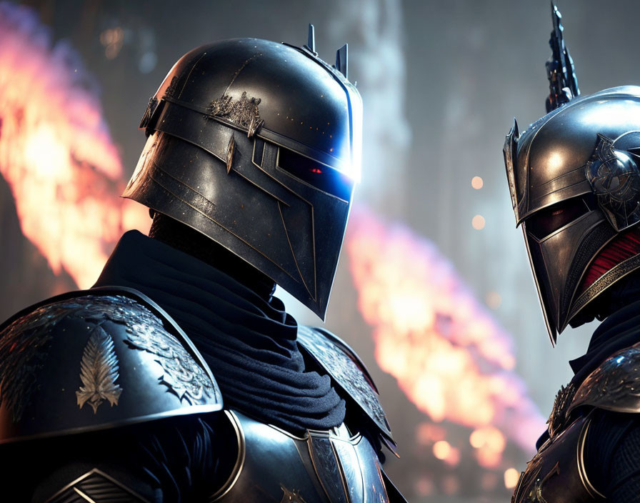 Medieval-style armor helmets facing each other amid fiery explosions