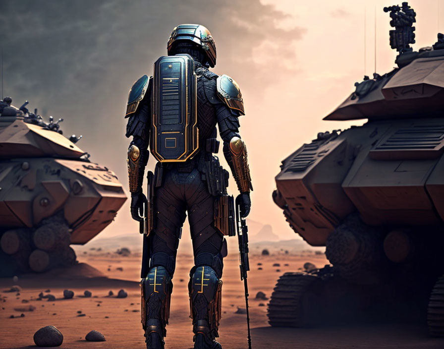 Futuristic soldier in armor in desert with tanks under hazy sky