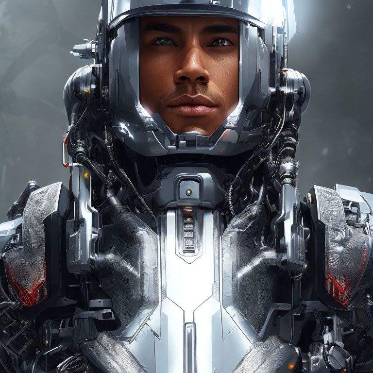 Futuristic armored suit with helmet and confident expression