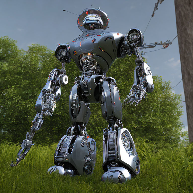 Detailed 3D Rendering: Futuristic Robot on Grass with Exposed Gears