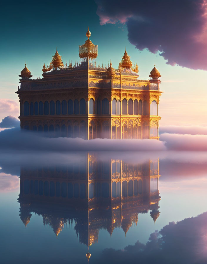 Ornate Golden Palace Floating Above Clouds in Twilight Sky
