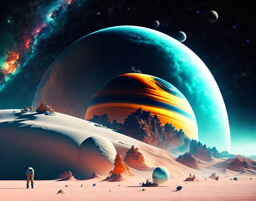 Astronaut on surreal desert landscape with ringed planet and moons