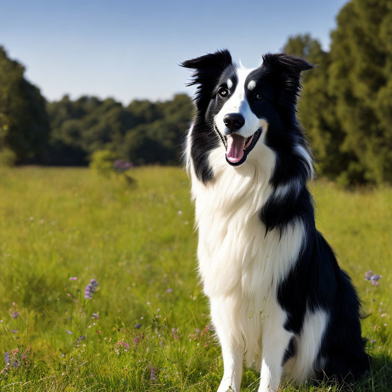 Black and White Border Collie Dog in Sunny Meadow with Purple Wildflowers