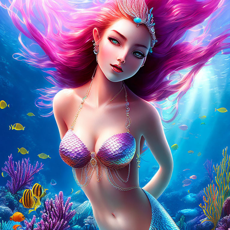 Colorful Mermaid Illustration with Pink Hair and Shell Top in Underwater Scene