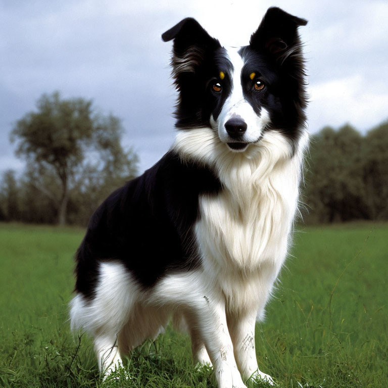 Black and white Border Collie in grassy field with trees under cloudy sky