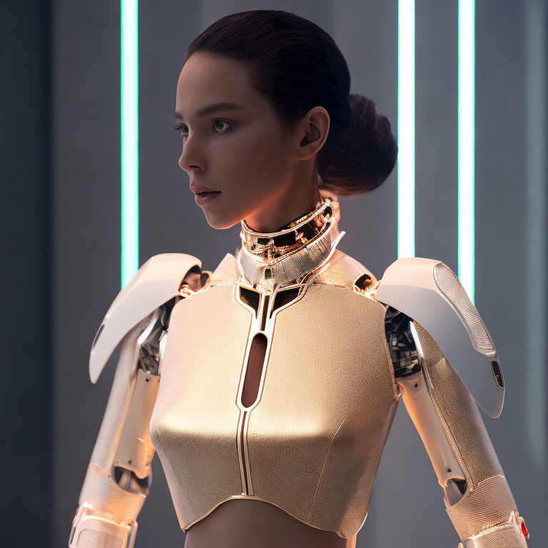 Female humanoid robot with mechanical body and human-like face against vertical light strips