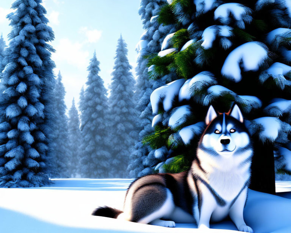 Siberian Husky in Snow with Pine Trees and Blue Sky