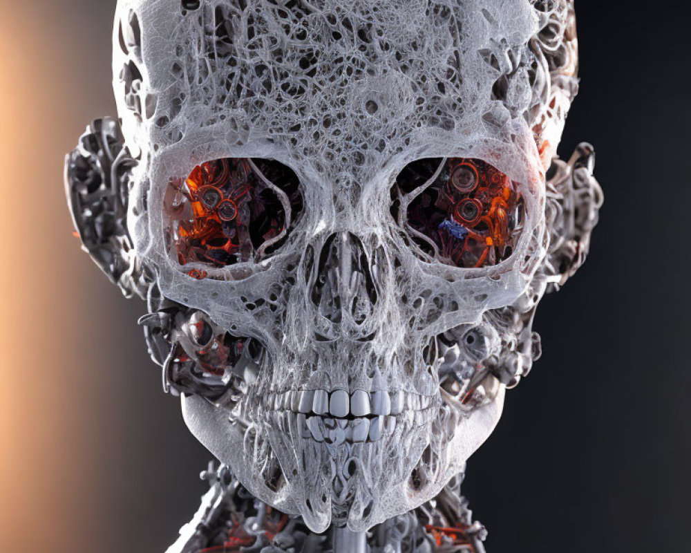 Detailed 3D Rendering of Skull-Headed Robot with Visible Inner Mechanisms