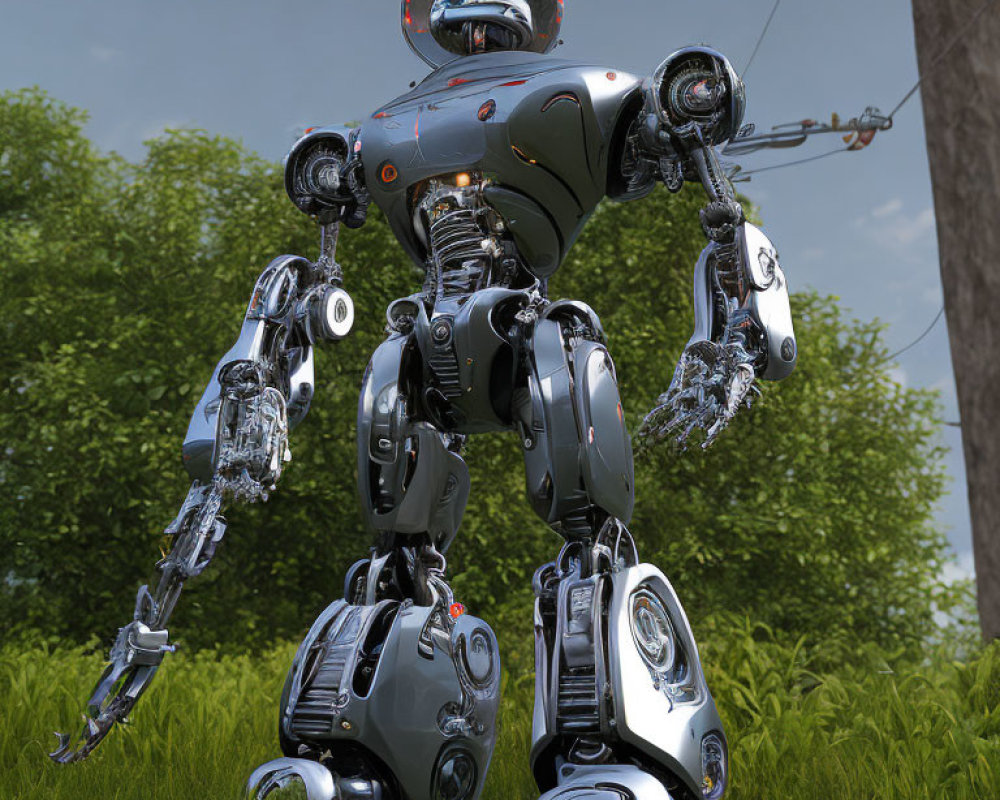 Detailed 3D Rendering: Futuristic Robot on Grass with Exposed Gears