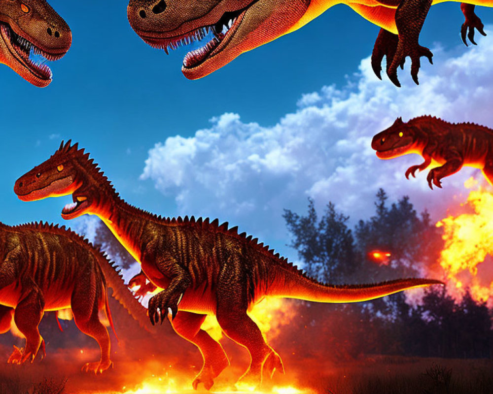 Fierce dinosaurs with glowing red eyes and fiery breath in dark landscape