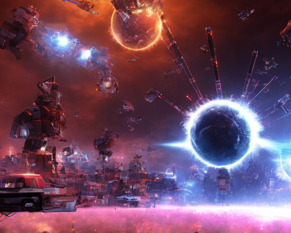 Futuristic sci-fi scene with glowing portal, floating robots, and cityscape