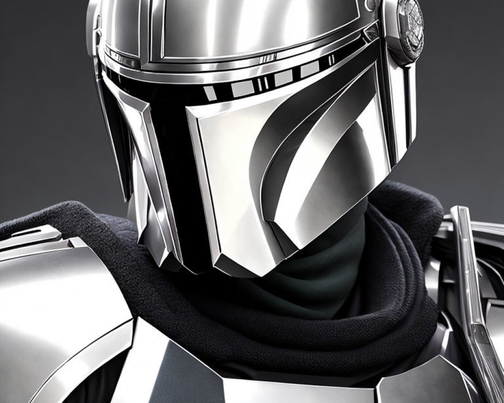 Person in Shiny Silver Helmet and Armor on Grey Background