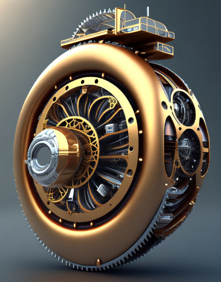 Intricate steampunk circular device with gears and bridge-like structure