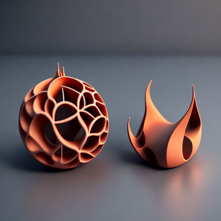 Orange 3D-Printed Spherical Lattice & Flame Sculptures on Grey Surface