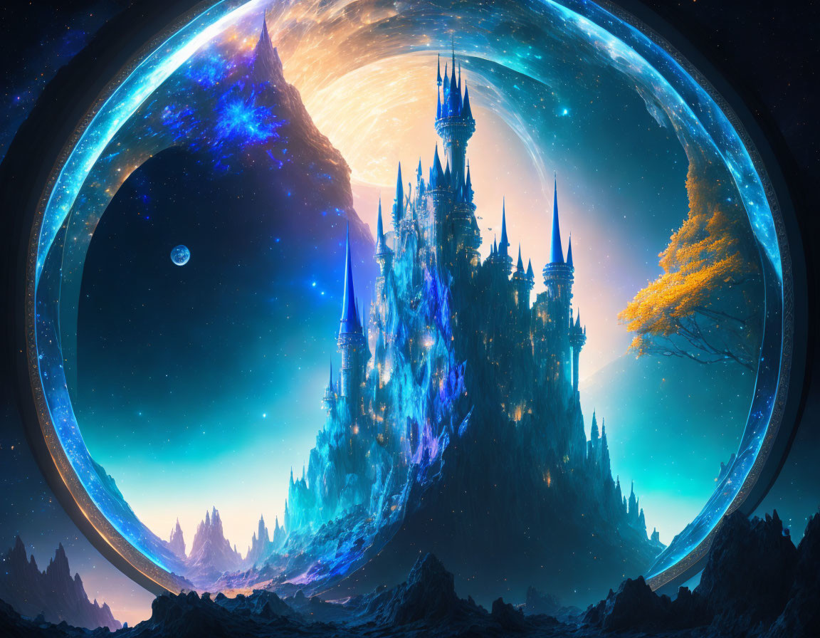 Luminous enchanted castle in mystical landscape with giant portal