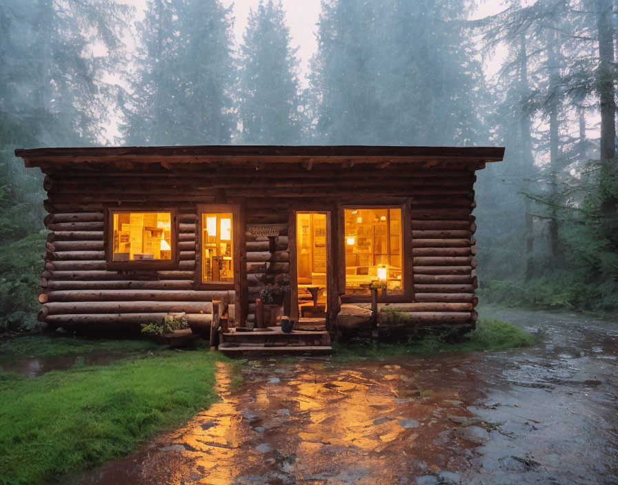 Cozy log cabin in misty woods at dusk with warm glowing lights