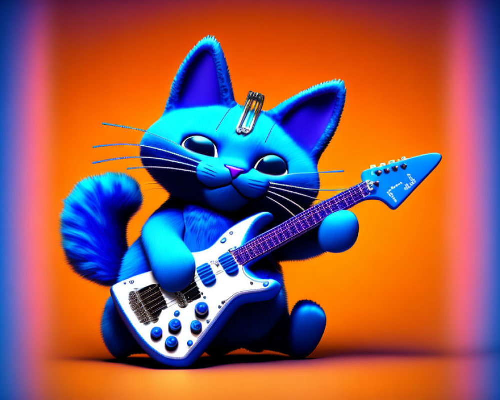 Colorful 3D illustration of a blue cartoon cat playing guitar