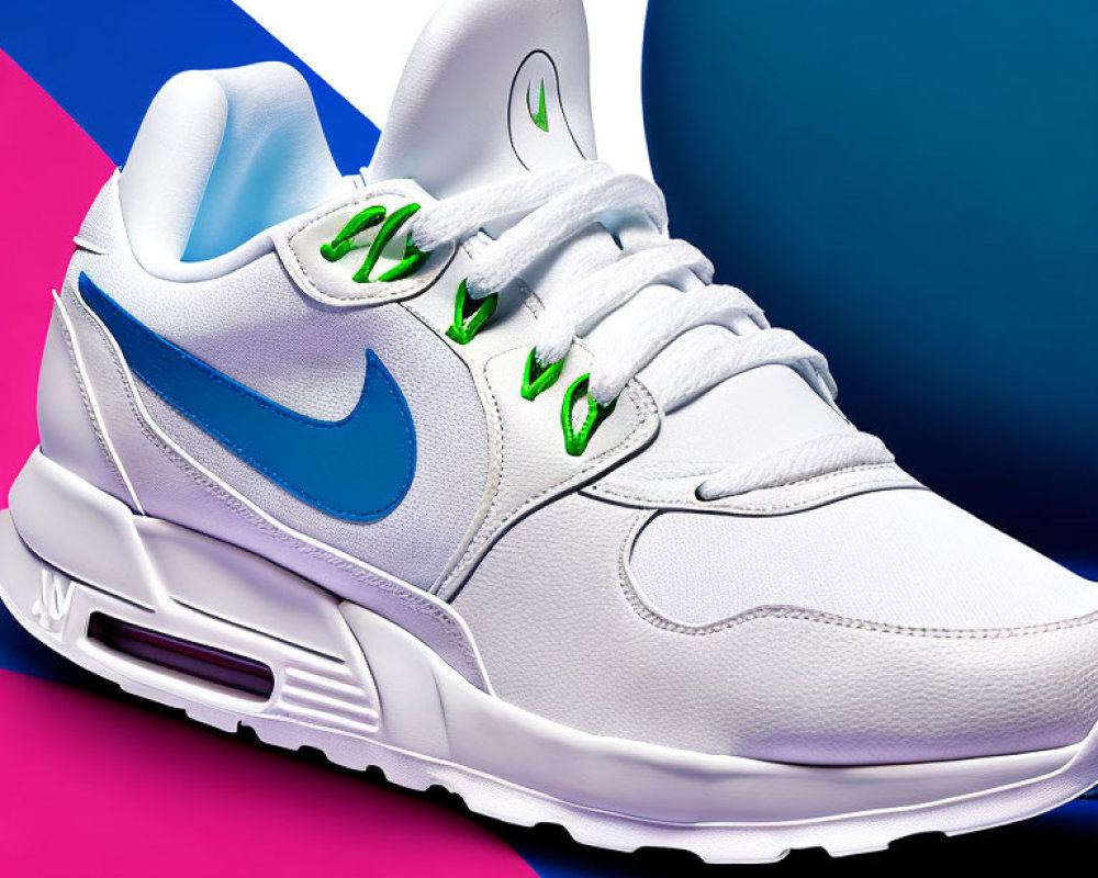 White Nike Sneaker with Blue Swoosh and Neon Green Accents on Geometric Background