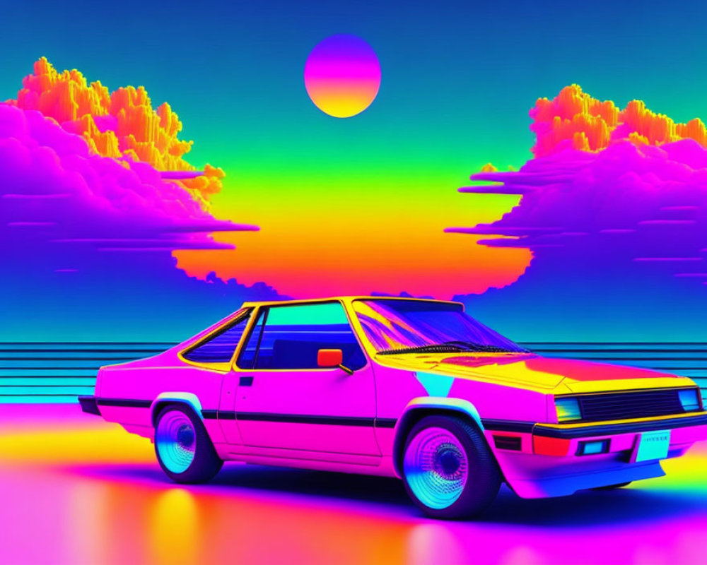Colorful retro-futuristic image with pink and blue car against neon-lit sunset