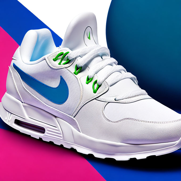 White Nike Sneaker with Blue Swoosh and Neon Green Accents on Geometric Background