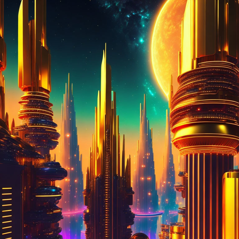 Futuristic cityscape with skyscrapers, glowing lights, and luminous planet