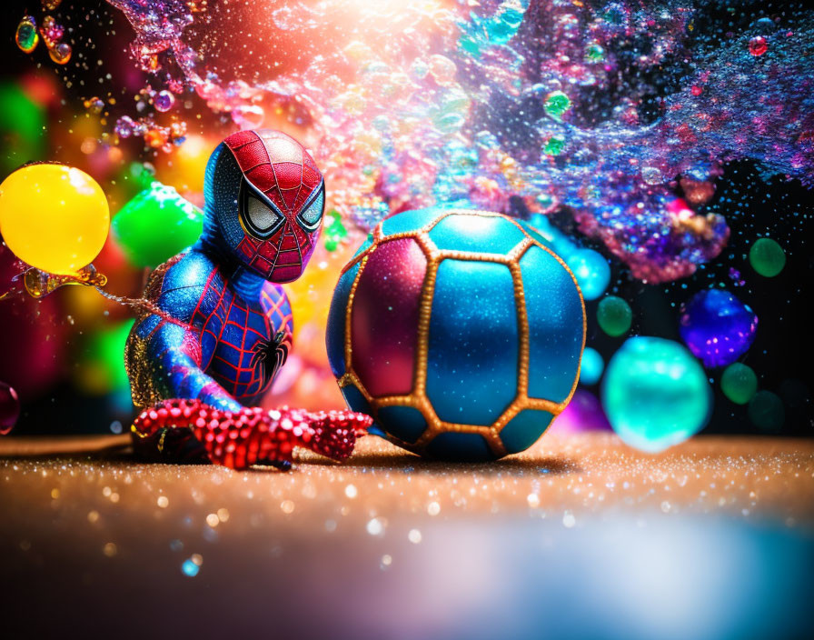 Spider-Man Toy with Blue Soccer Ball on Colorful Background