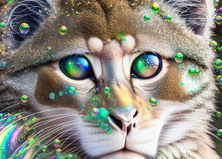 Colorful Cat Face Close-Up with Multicolored Eyes and Shimmering Bubbles