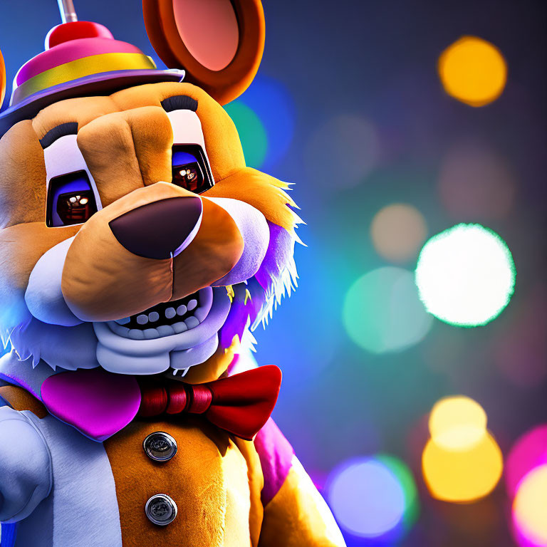 Colorful 3D Cartoon Bear in Top Hat and Bowtie on Bright Lights Background