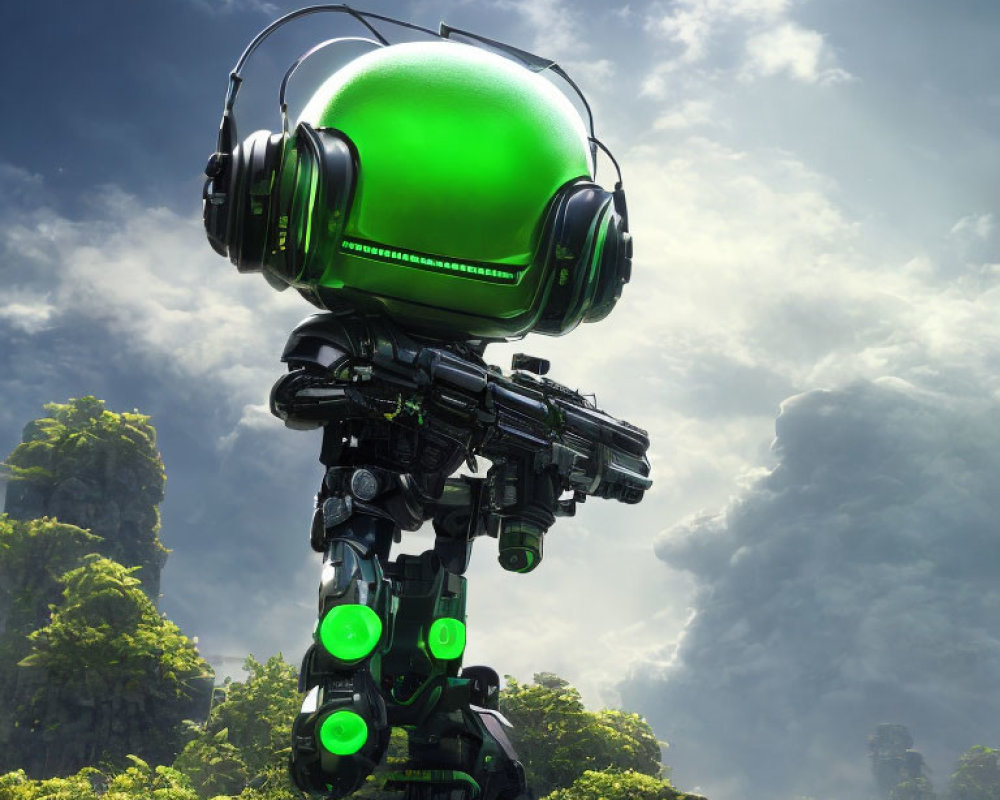 Futuristic robot with green spherical head in rocky landscape