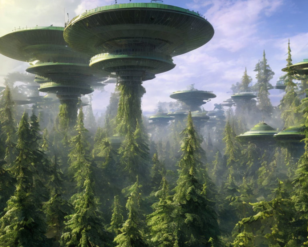 Disc-shaped futuristic buildings above lush green forest in misty sunlight.