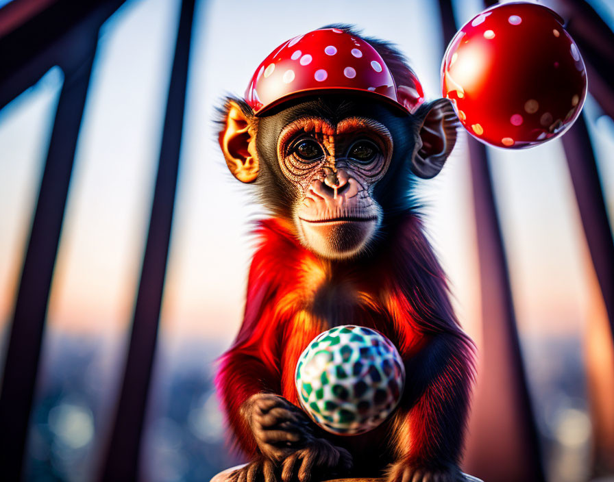 Vibrant monkey juggling balls in red polka dot hat with cityscape background