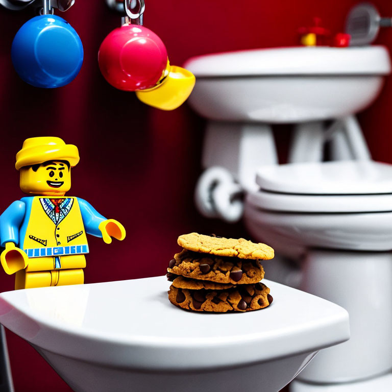 Lego figure with cookies on toilet lid, colorful balls, red wall