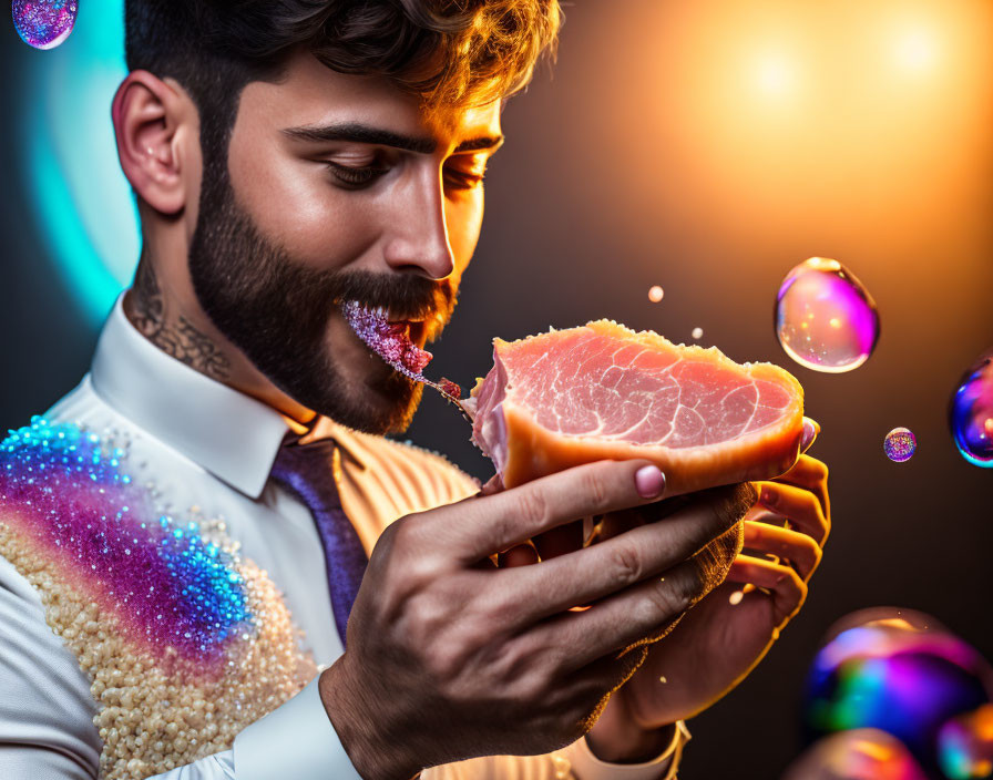 Bearded man enjoying grapefruit in colorful soap bubble setting