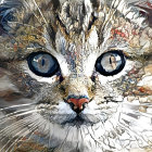 Colorful Cat Face Close-Up with Multicolored Eyes and Shimmering Bubbles
