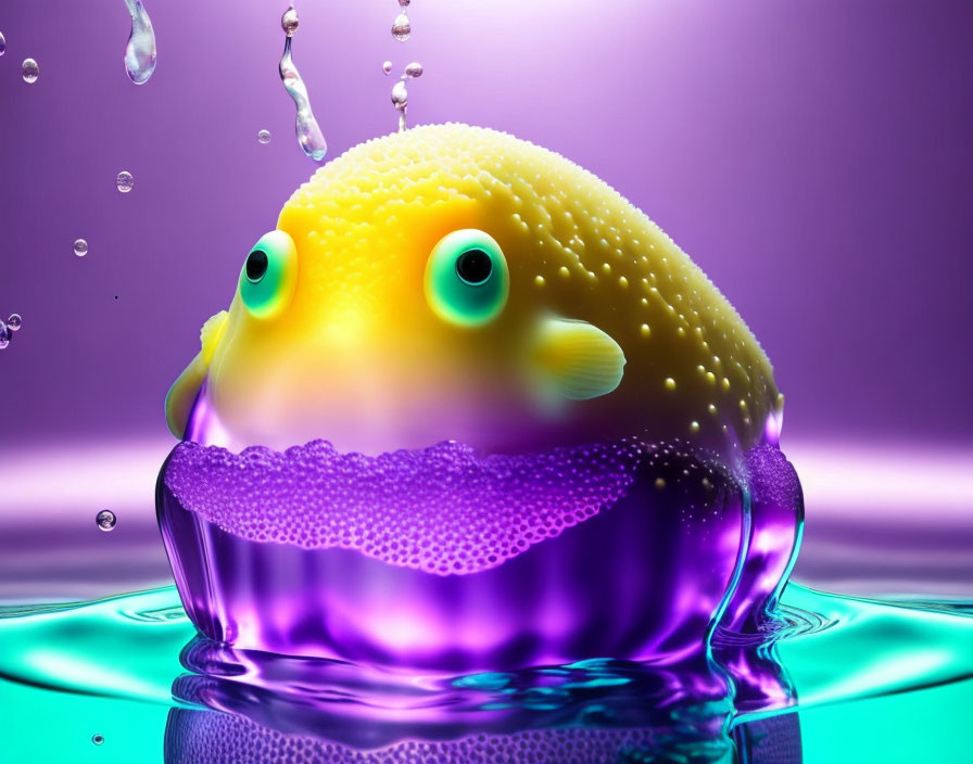 Colorful Digital Art: Yellow Fish in Purple Water