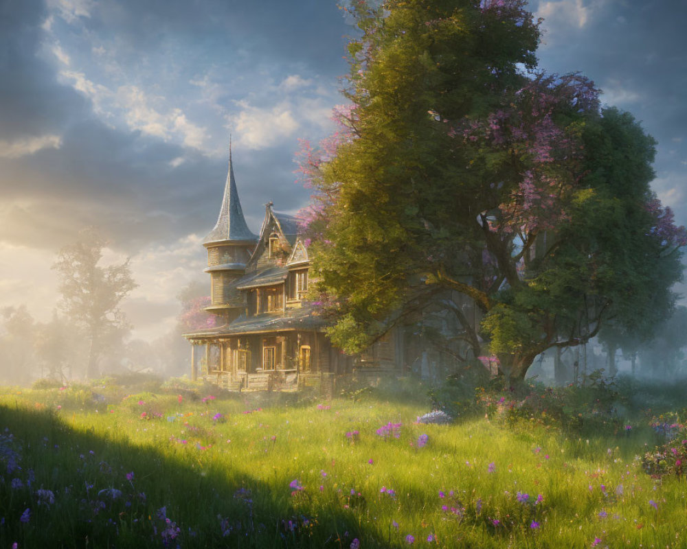 Victorian-style house in blooming meadow at sunrise