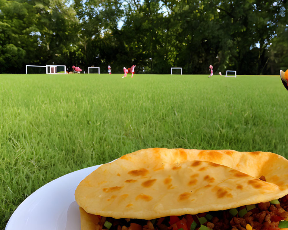 Meat and Vegetable Taco on Plate with Soccer Field Background