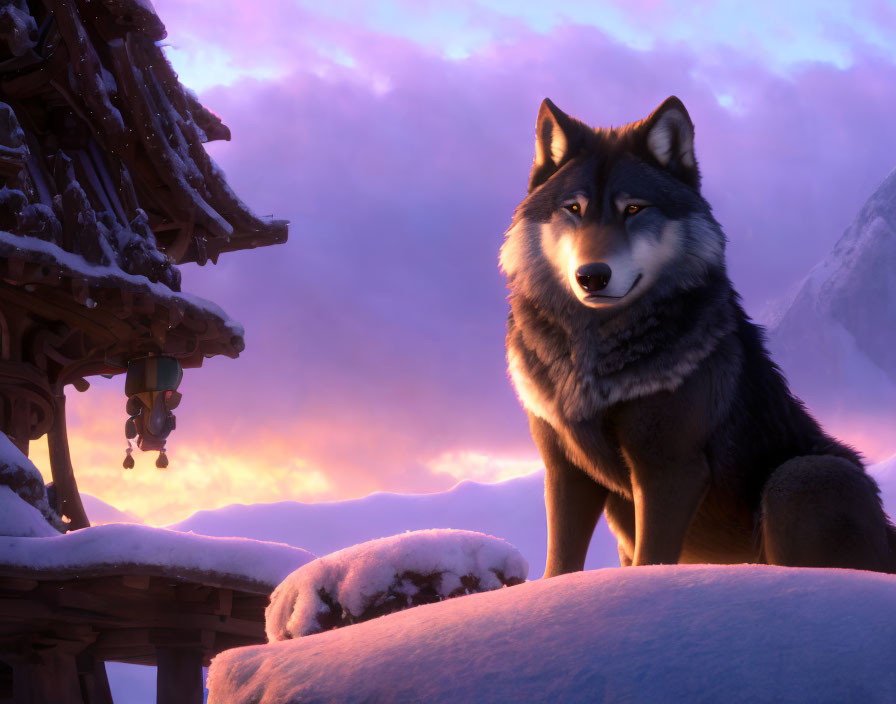 Animated wolf on snow-covered ledge at dusk with purple skies and mountains