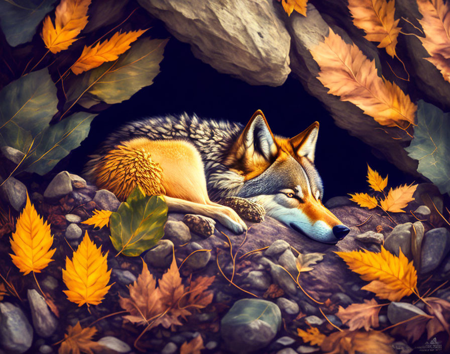 Wolf resting in rock den amidst autumn leaves with fur blending in warm colors.