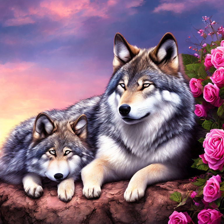 Illustrated wolves resting in pink sky with roses
