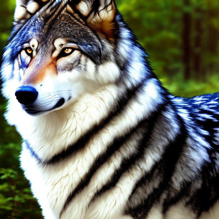 Digital artwork: Wolf with human-like features in green forest.