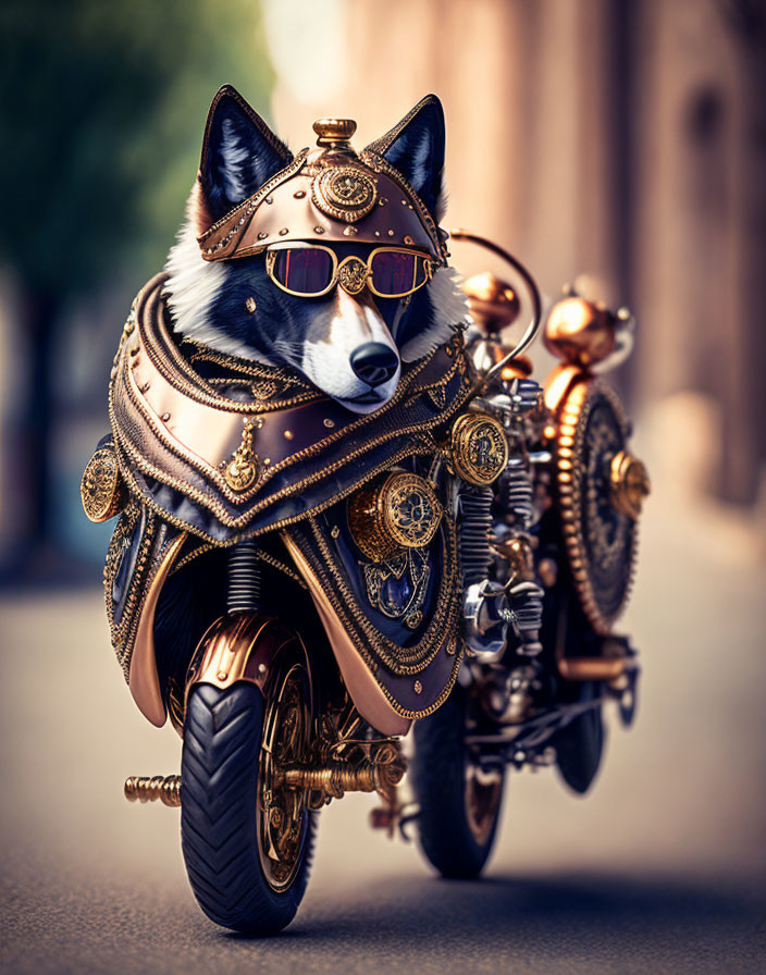 Steampunk-inspired image of dog in aviator glasses on vintage motorcycle