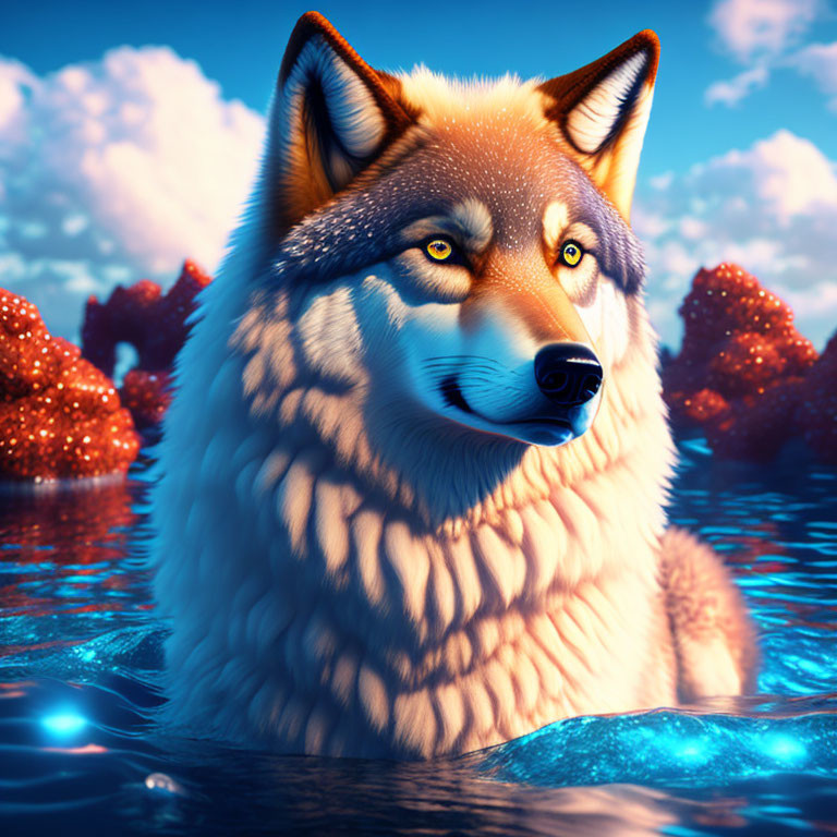 Realistic wolf emerging from blue waters under bright sky