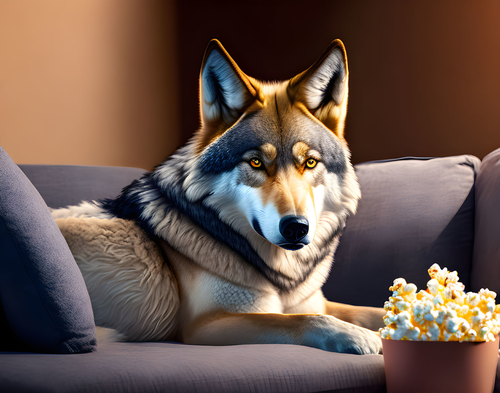 Realistic anthropomorphic wolf lounging on couch with popcorn bowl