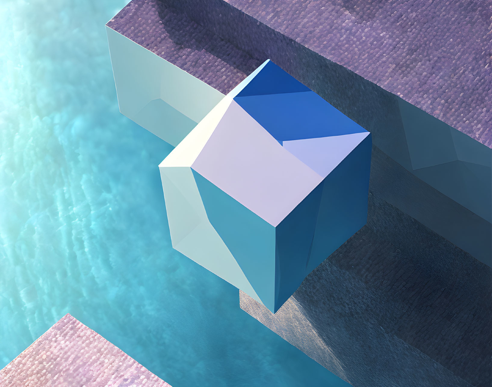 Transparent Blue Cube Emerging from Sea Intersecting Concrete Pier